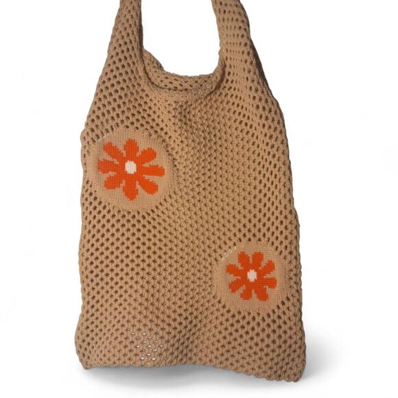 Crochet Mesh Tote Bag Beige Tan Orange - Picture 3 of 4